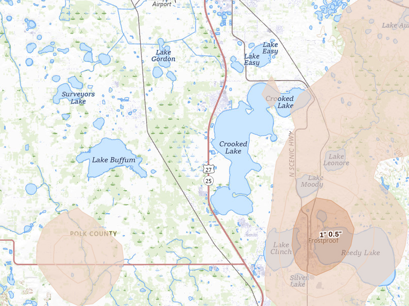 Radar-estimated hail-size map of the storm over Frostproof, FL on Jun 24, 2026