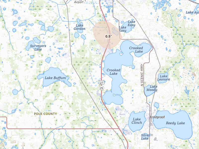 Radar-estimated hail-size map of the storm over Frostproof, FL on Jul 4, 2026