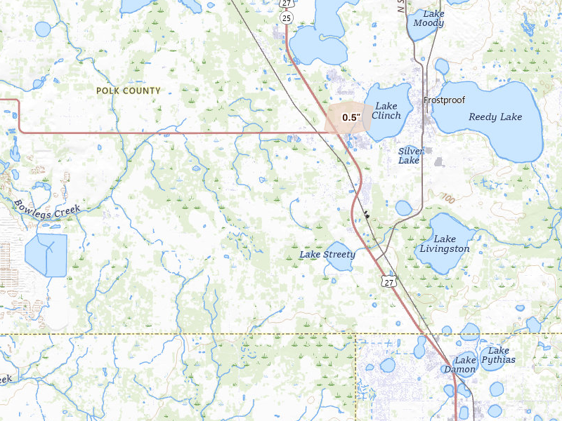 Radar-estimated hail-size map of the storm over Frostproof, FL on Aug 11, 2026
