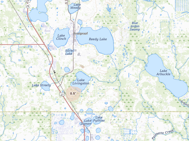 Radar-estimated hail-size map of the storm over Frostproof, FL on Aug 26, 2026