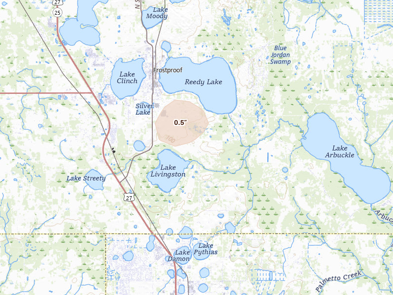 Radar-estimated hail-size map of the storm over Frostproof, FL on Aug 29, 2026