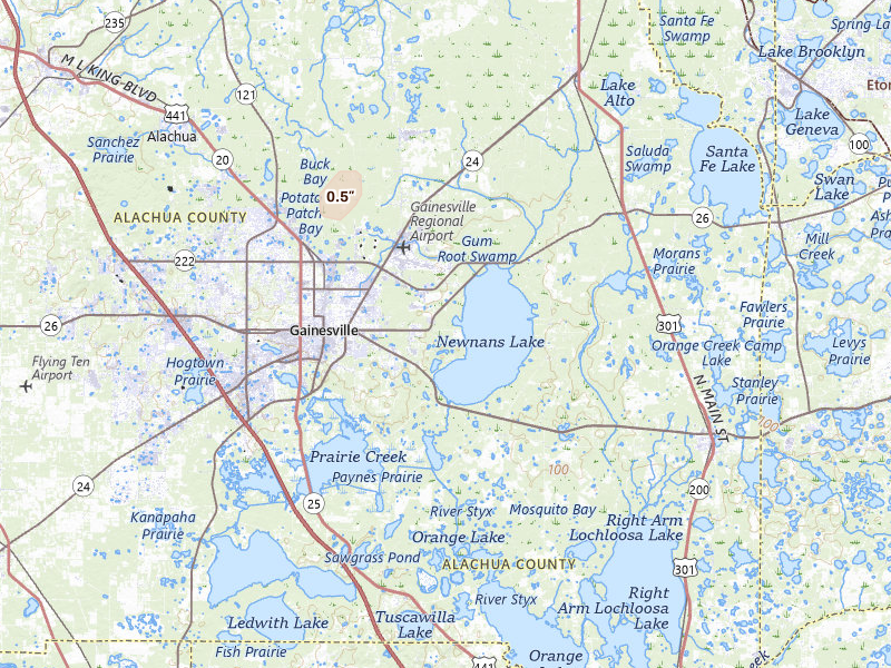 Radar-estimated hail-size map of the storm over Gainesville, FL on Mar 16, 2026