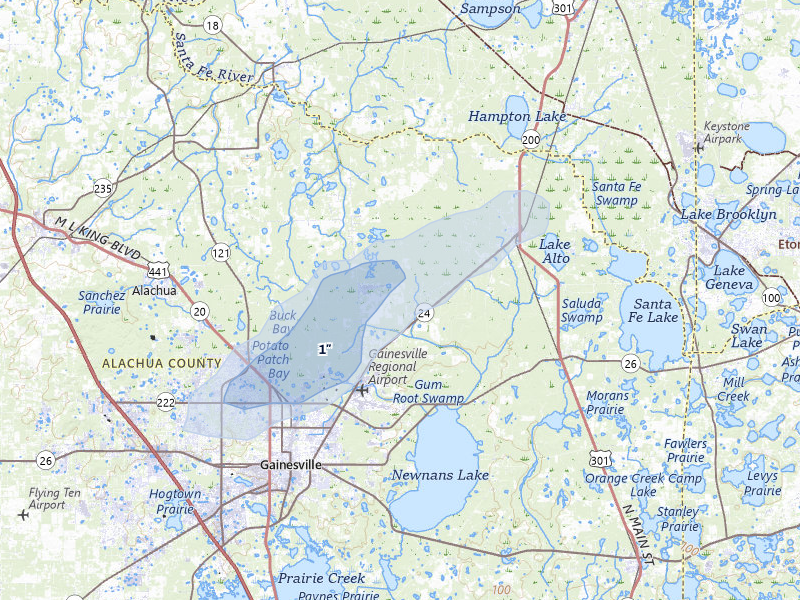 NEXRAD radar-signature map of the hail storm over Gainesville, FL on Mar 16, 2026