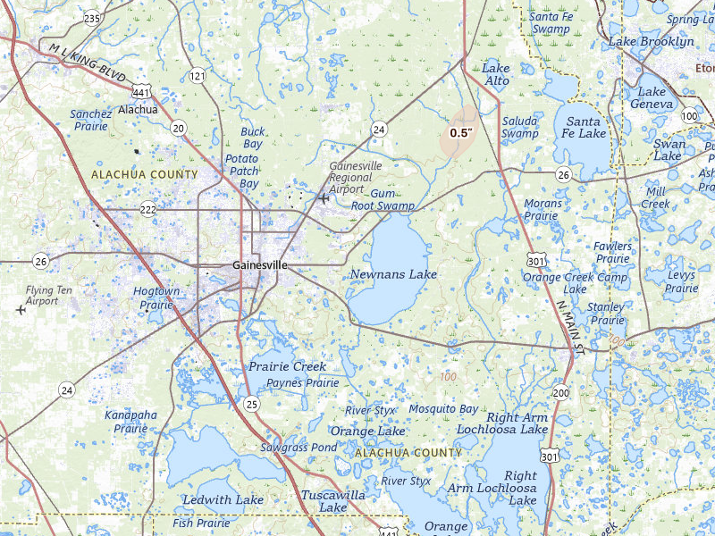 Radar-estimated hail-size map of the storm over Gainesville, FL on May 27, 2026