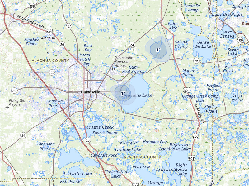NEXRAD radar-signature map of the hail storm over Gainesville, FL on May 27, 2026