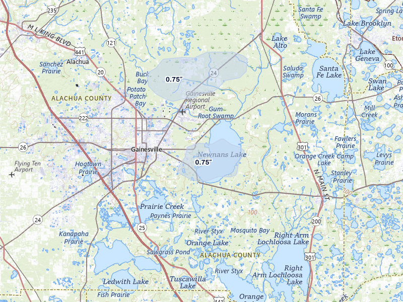 NEXRAD radar-signature map of the hail storm over Gainesville, FL on Jul 6, 2026