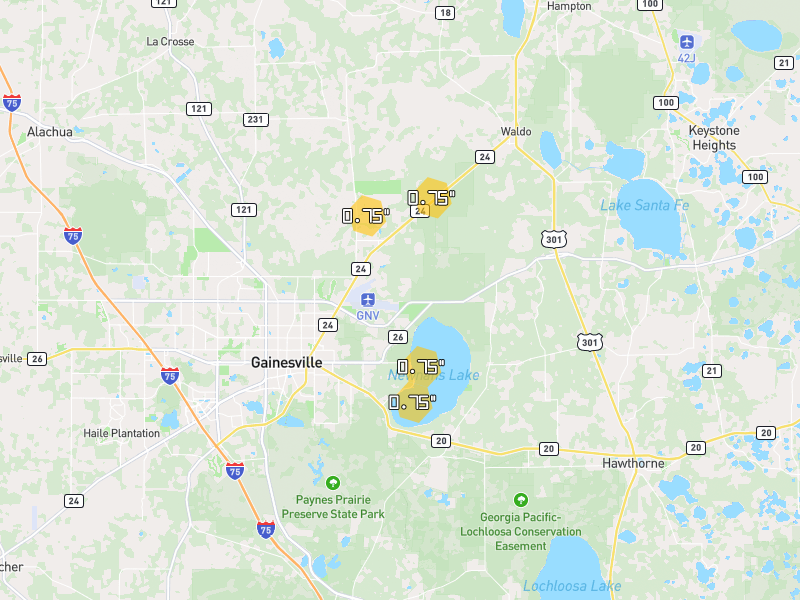 Hail map of Gainesville, FL on Jul 6, 2026, hail up to 0.75"