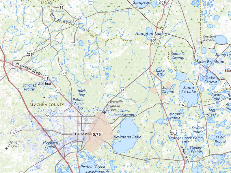 Radar-estimated hail-size map of the storm over Gainesville, FL on Jul 10, 2026