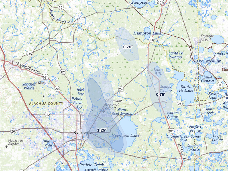 NEXRAD radar-signature map of the hail storm over Gainesville, FL on Jul 10, 2026