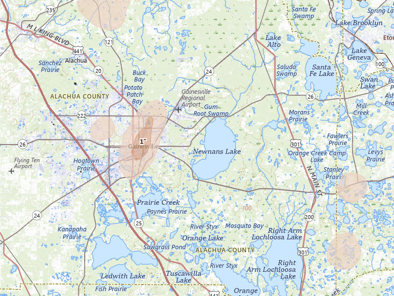 Radar-estimated hail-size map of the storm over Gainesville, FL on Jul 11, 2026