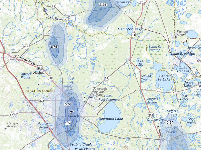 NEXRAD radar-signature map of the hail storm over Gainesville, FL on Jul 11, 2026