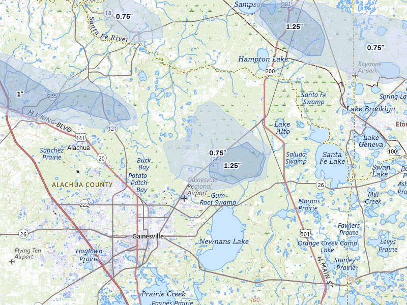 NEXRAD radar-signature map of the hail storm over Gainesville, FL on Jul 30, 2026