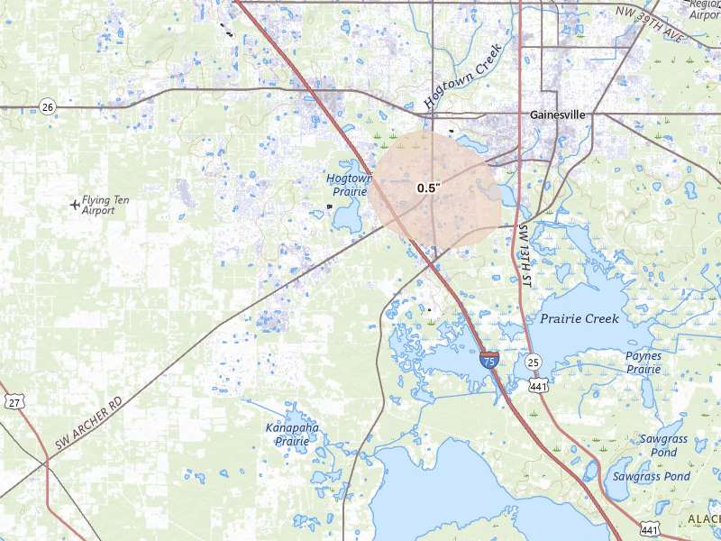 Radar-estimated hail-size map of the storm over Gainesville, FL on Aug 14, 2026