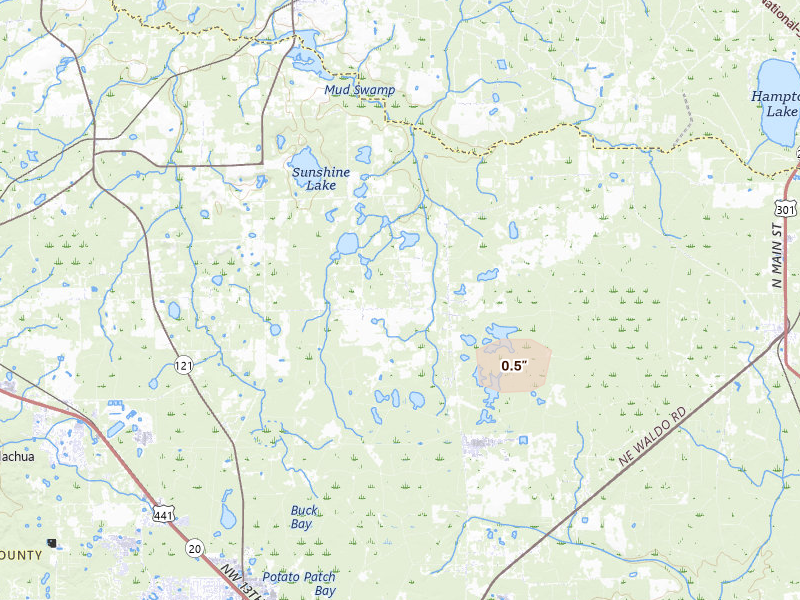 Radar-estimated hail-size map of the storm over Gainesville, FL on Aug 18, 2026
