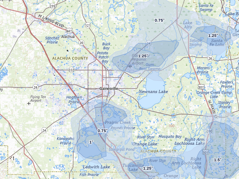 NEXRAD radar-signature map of the hail storm over Gainesville, FL on Aug 19, 2026