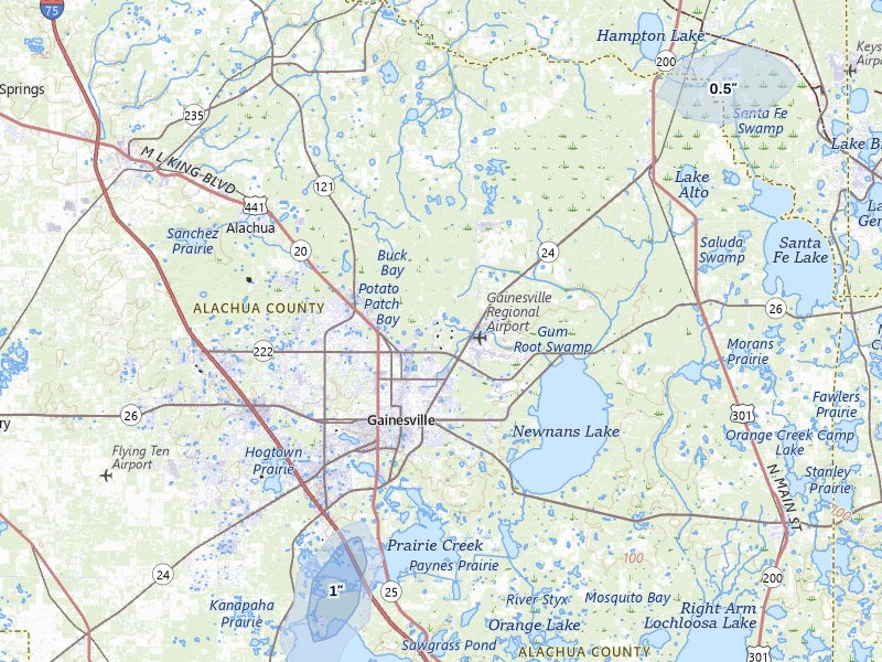 NEXRAD radar-signature map of the hail storm over Gainesville, FL on Aug 20, 2026