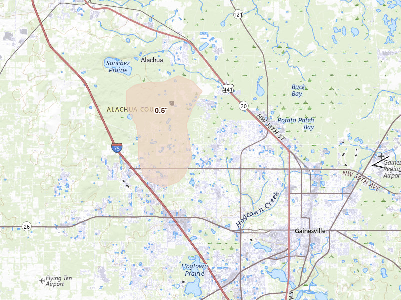 Radar-estimated hail-size map of the storm over Gainesville, FL on Aug 29, 2026