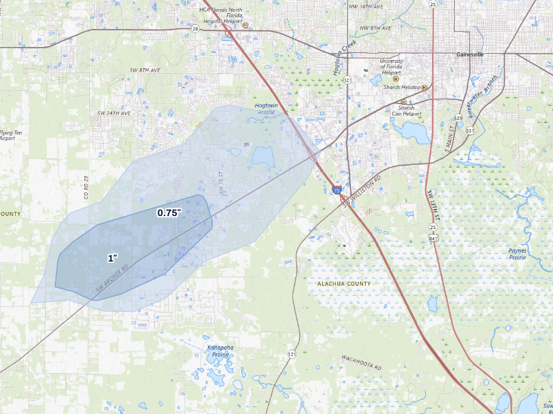 NEXRAD radar-signature map of the hail storm over Gainesville, FL on Aug 29, 2026