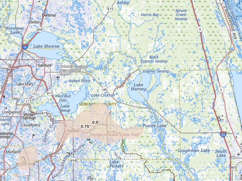 Radar-estimated hail-size map of the storm over Geneva, FL on Jul 5, 2026