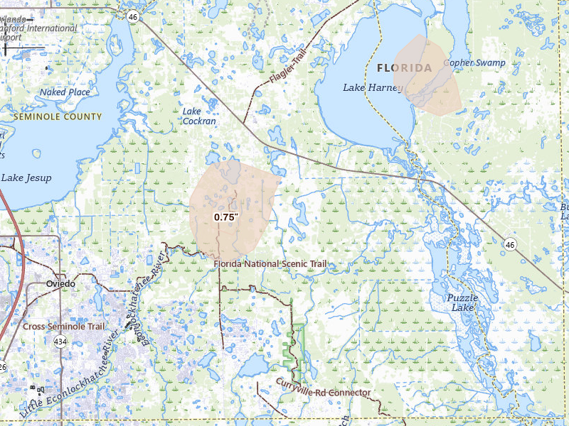 Radar-estimated hail-size map of the storm over Geneva, FL on Aug 20, 2026