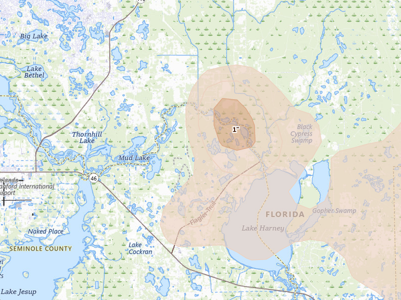 Radar-estimated hail-size map of the storm over Geneva, FL on Aug 22, 2026