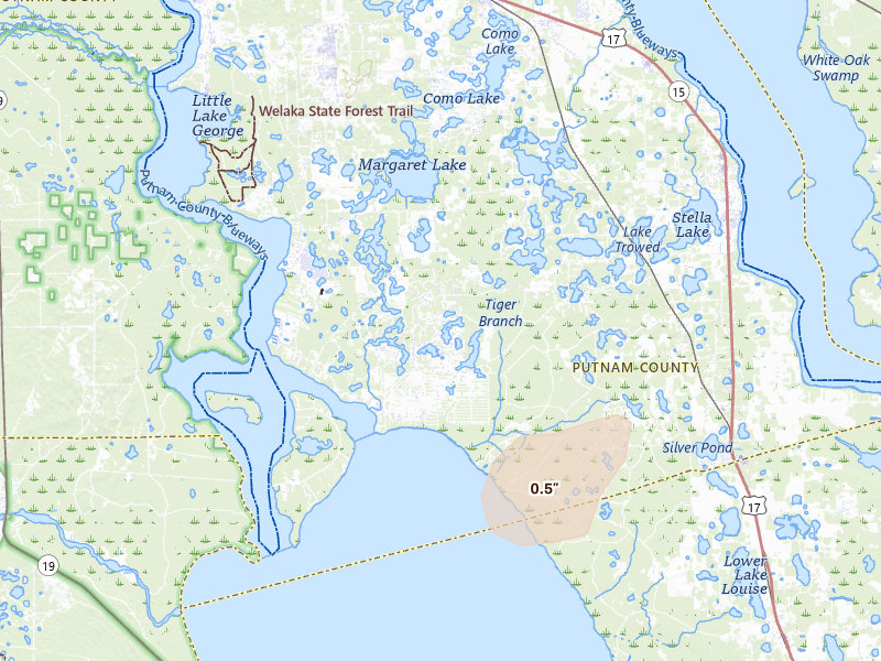 Radar-estimated hail-size map of the storm over Georgetown, FL on Jun 18, 2026
