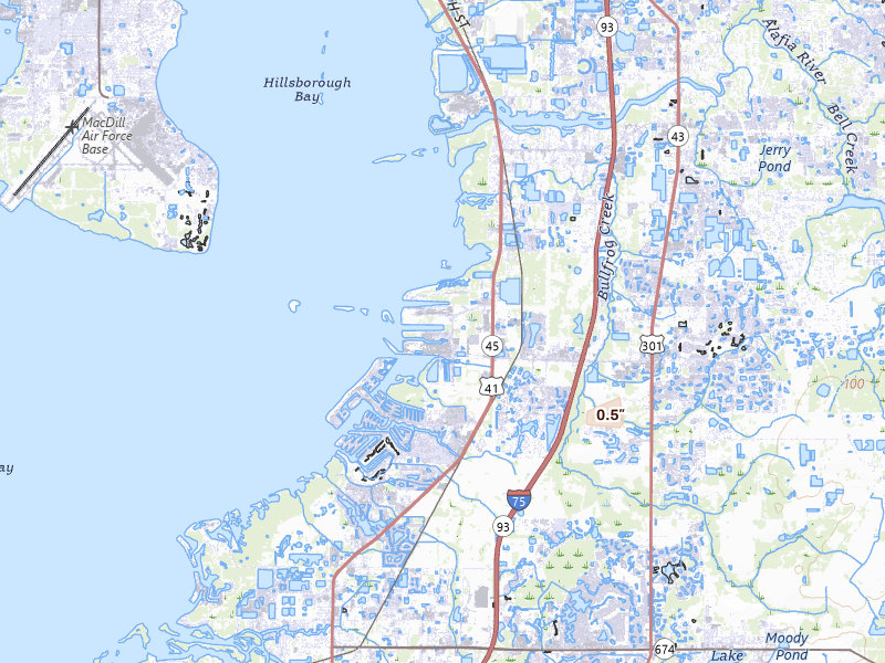 Radar-estimated hail-size map of the storm over Gibsonton, FL on Mar 7, 2026