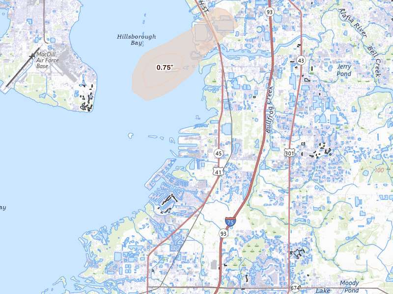 Radar-estimated hail-size map of the storm over Gibsonton, FL on Jul 9, 2026