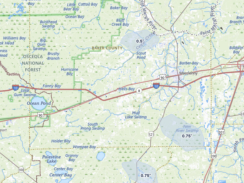 NEXRAD radar-signature map of the hail storm over Glen Saint Mary, FL on Jul 5, 2026