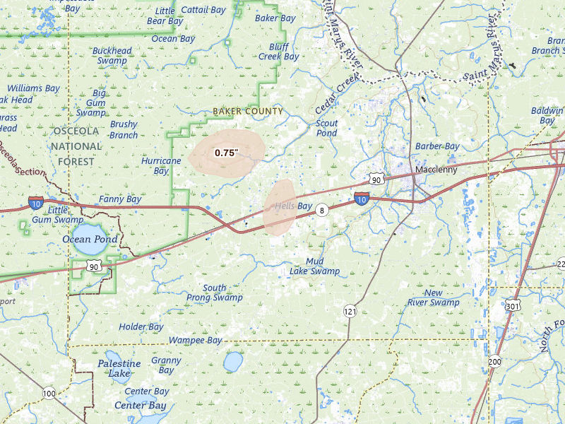 Radar-estimated hail-size map of the storm over Glen Saint Mary, FL on Jul 10, 2026