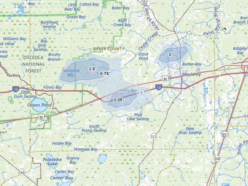 NEXRAD radar-signature map of the hail storm over Glen Saint Mary, FL on Jul 10, 2026