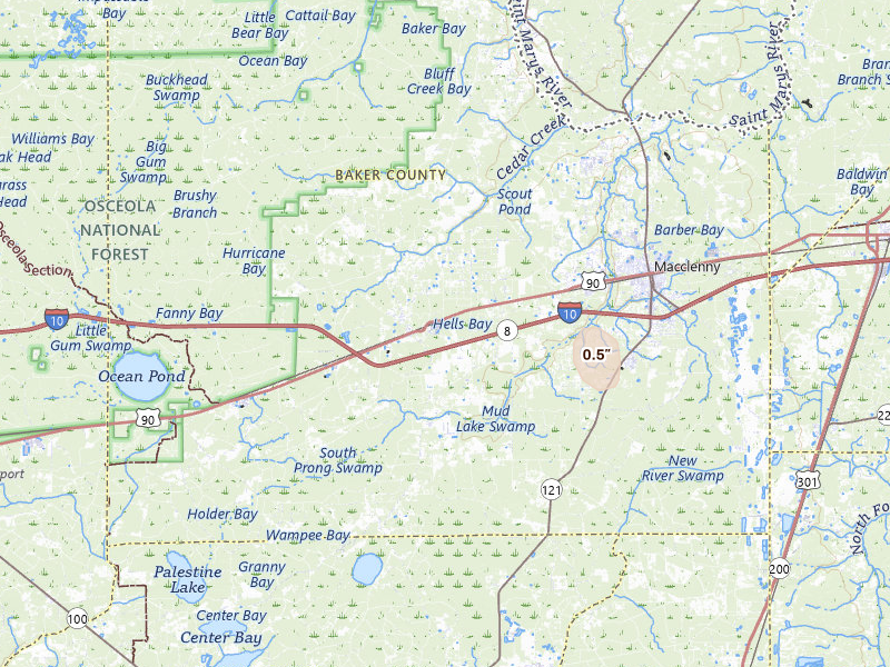 Radar-estimated hail-size map of the storm over Glen Saint Mary, FL on Jul 19, 2026