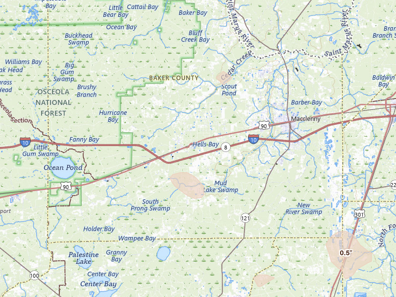 Radar-estimated hail-size map of the storm over Glen Saint Mary, FL on Jul 30, 2026