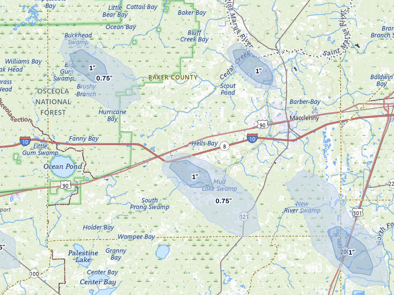 NEXRAD radar-signature map of the hail storm over Glen Saint Mary, FL on Jul 30, 2026