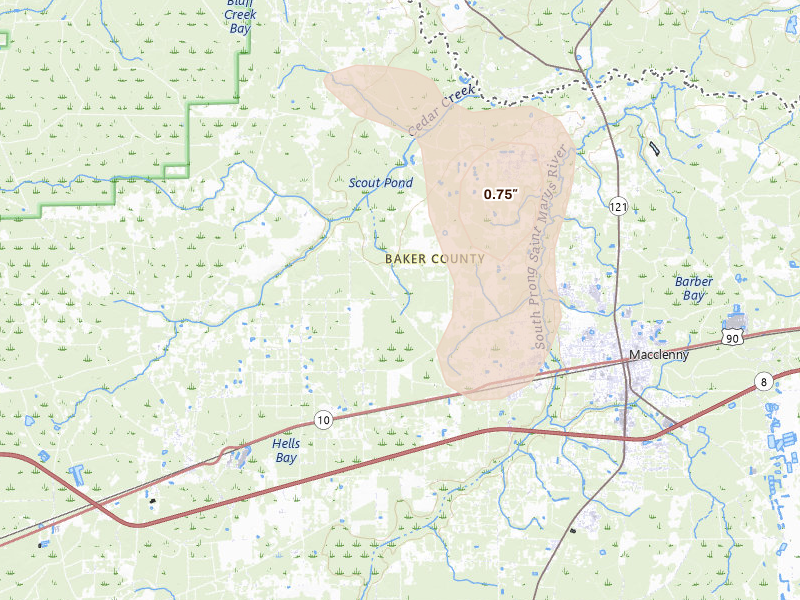 Radar-estimated hail-size map of the storm over Glen Saint Mary, FL on Aug 18, 2026