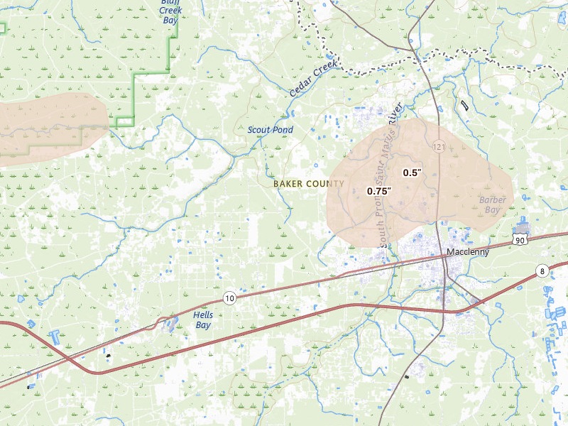 Radar-estimated hail-size map of the storm over Glen Saint Mary, FL on Aug 24, 2026