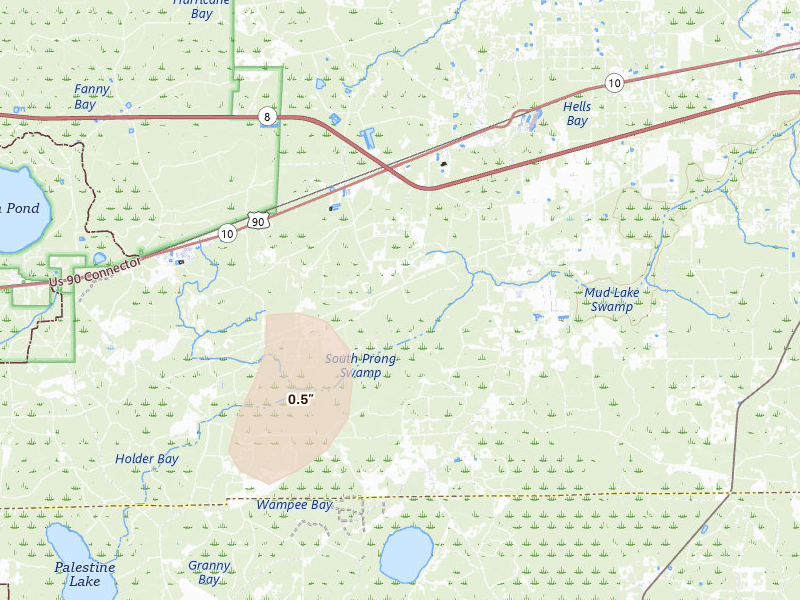 Radar-estimated hail-size map of the storm over Glen Saint Mary, FL on Aug 25, 2026