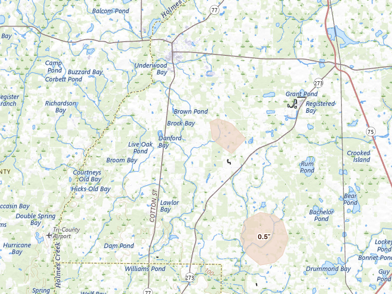 Radar-estimated hail-size map of the storm over Graceville, FL on Aug 19, 2026