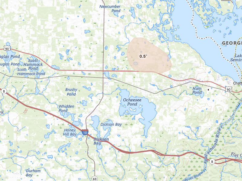 Radar-estimated hail-size map of the storm over Grand Ridge, FL on Aug 19, 2026