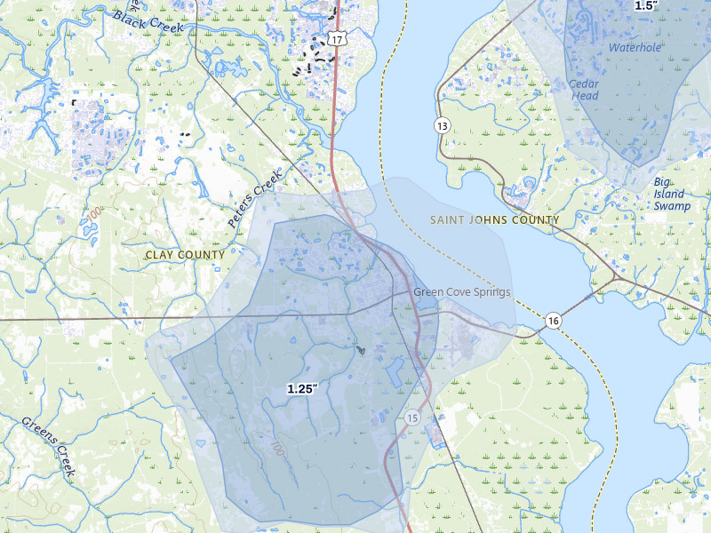 NEXRAD radar-signature map of the hail storm over Green Cove Springs, FL on Jun 27, 2026