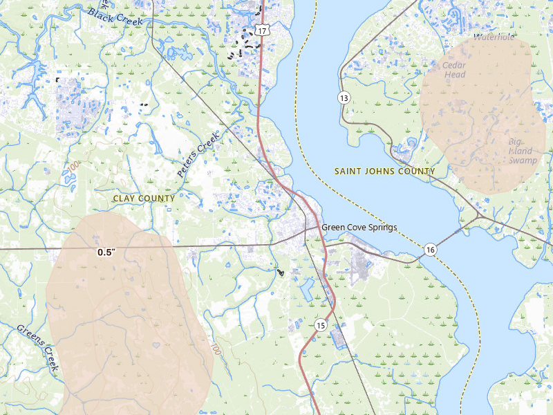 Radar-estimated hail-size map of the storm over Green Cove Springs, FL on Jul 10, 2026