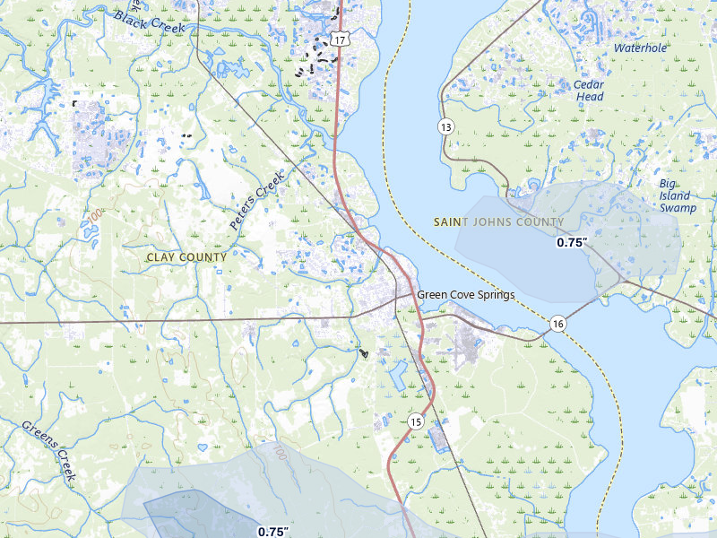 NEXRAD radar-signature map of the hail storm over Green Cove Springs, FL on Jul 30, 2026