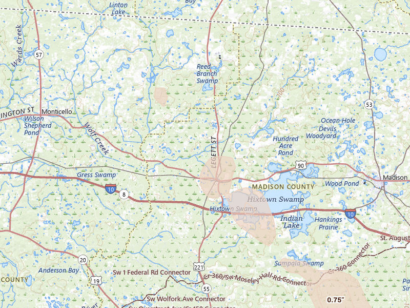 Radar-estimated hail-size map of the storm over Greenville, FL on May 17, 2026