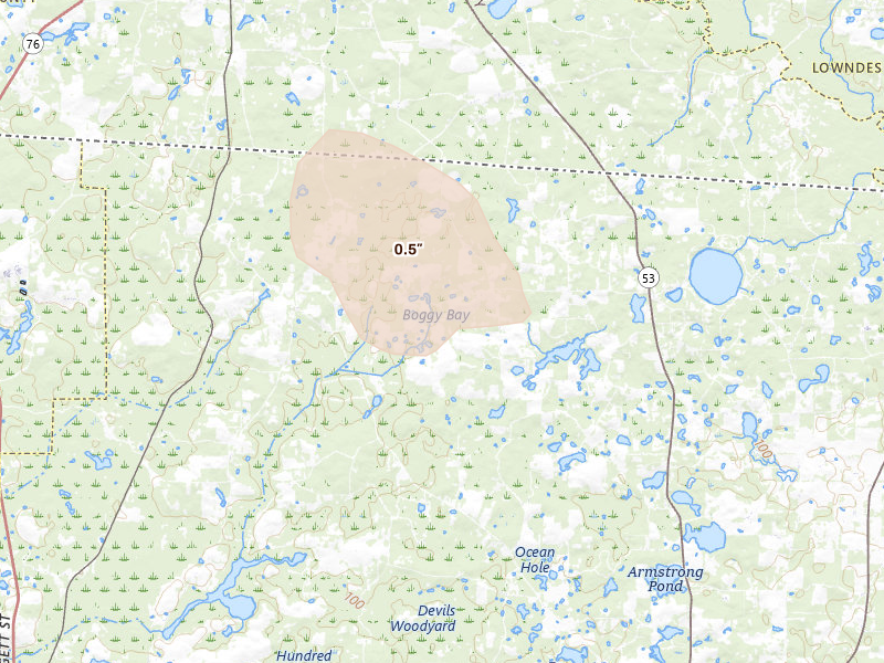 Radar-estimated hail-size map of the storm over Greenville, FL on Aug 20, 2026