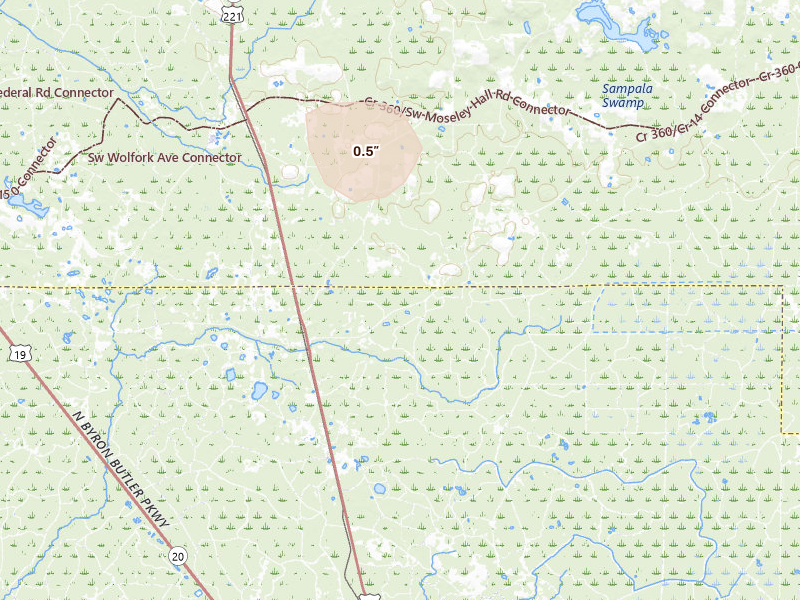 Radar-estimated hail-size map of the storm over Greenville, FL on Aug 24, 2026