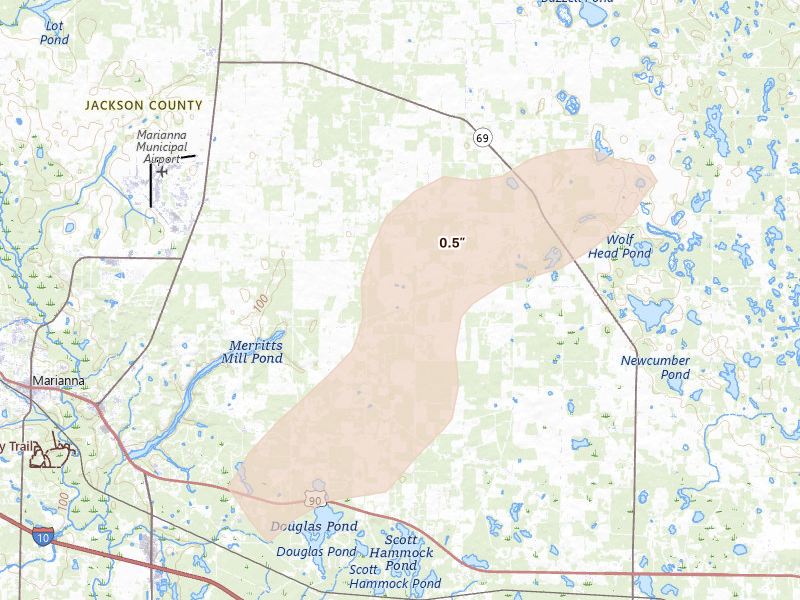 Radar-estimated hail-size map of the storm over Greenwood, FL on Jun 19, 2026