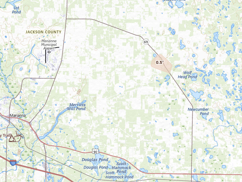Radar-estimated hail-size map of the storm over Greenwood, FL on Jul 19, 2026