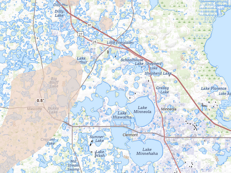 Radar-estimated hail-size map of the storm over Groveland, FL on May 23, 2026