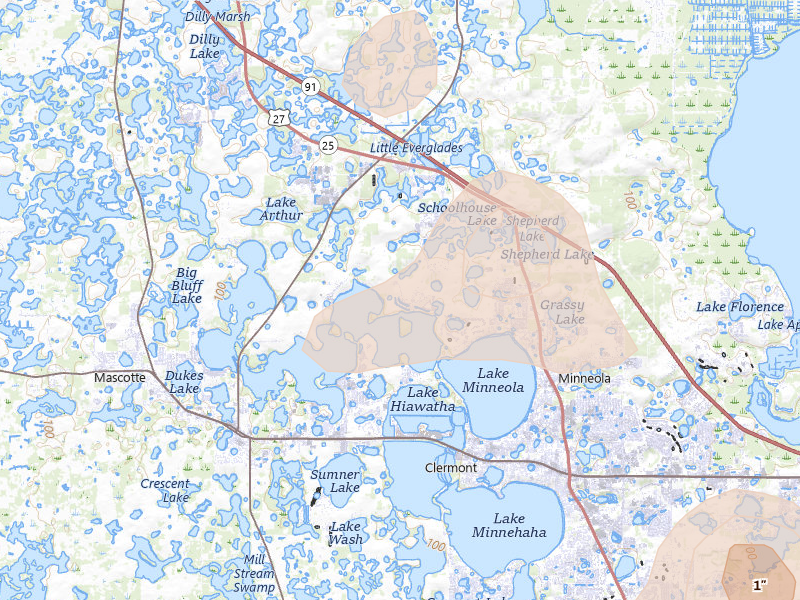 Radar-estimated hail-size map of the storm over Groveland, FL on Jun 29, 2026