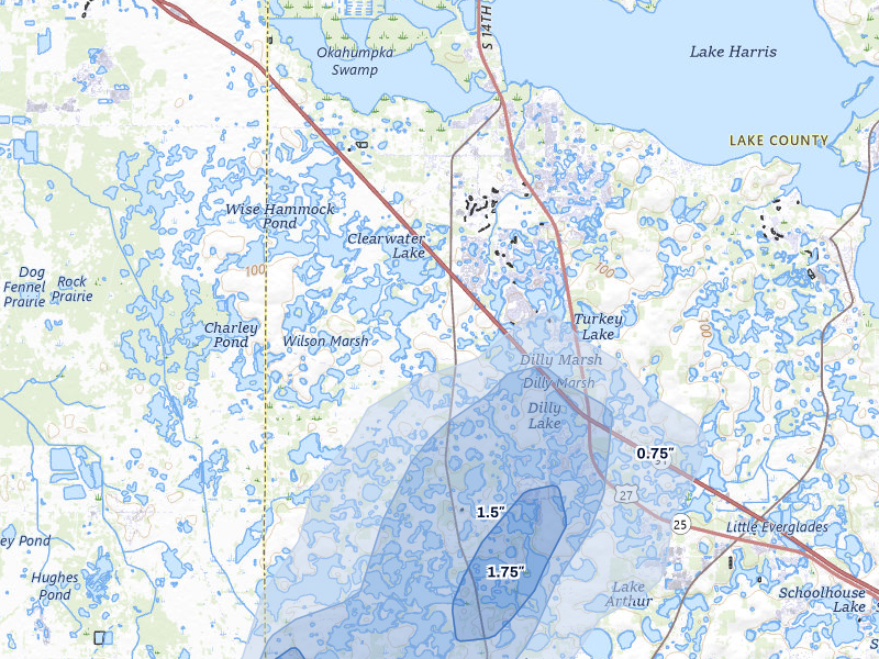 NEXRAD radar-signature map of the hail storm over Groveland, FL on Aug 8, 2026